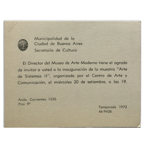 "Arte de Sistemas II". Centro de Arte y Comunicación, Buenos Aires, setiembre de 1972