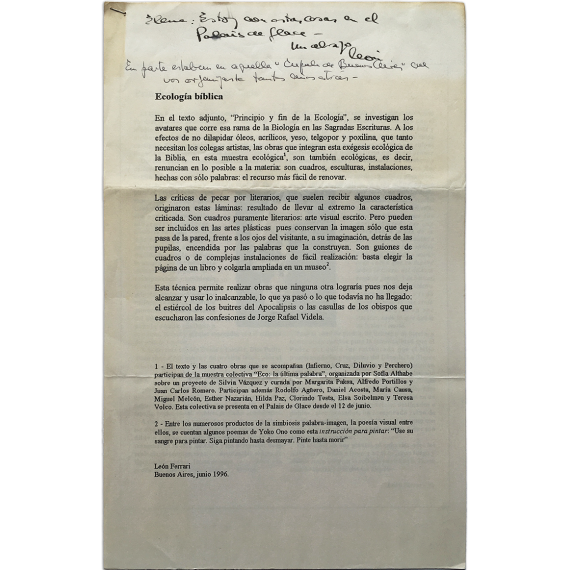 León Ferrari - "Principio y fin de la Ecología" (Palais de Glace, Buenos Aires, junio 1996)