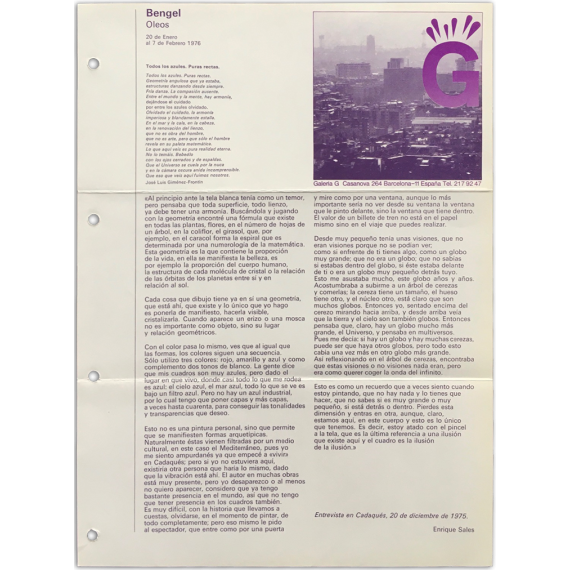 Bengel - Óleos. Galería G, Barcelona, 20 de enero al 7 de febrero 1976