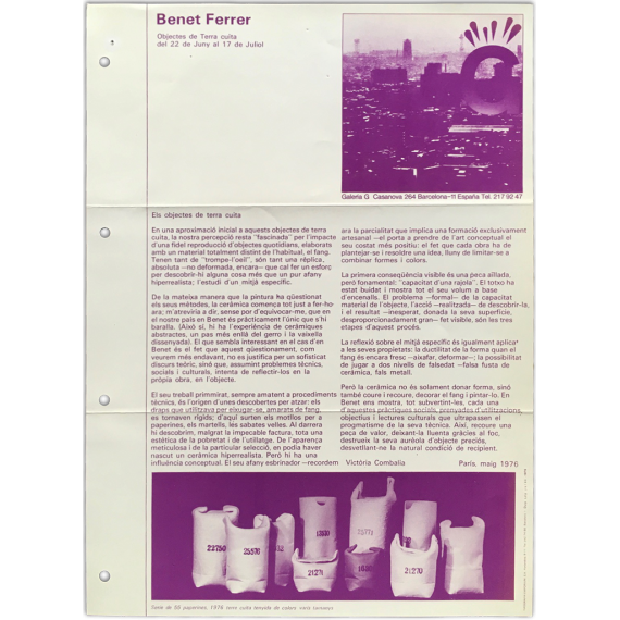 Benet Ferrer - Objectes de Terra cuita. Galería G, Barcelona, del 22 de juny al 17 de juliol 1976
