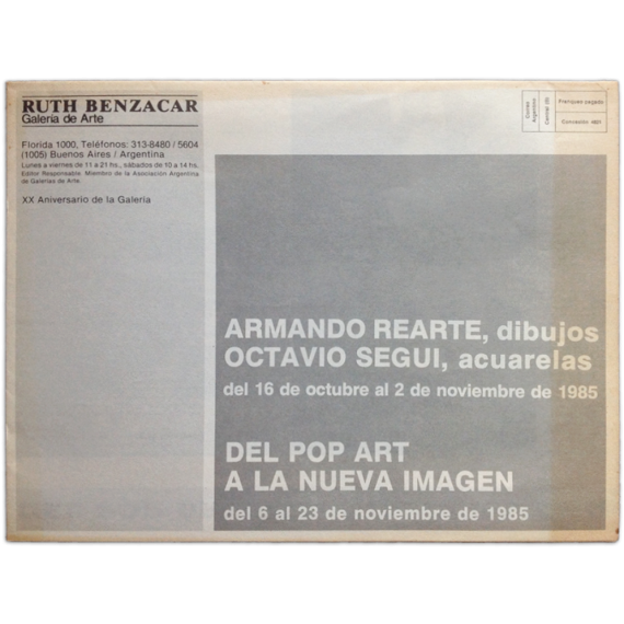 Armando Rearte, dibujos - Octavio Seguí, acuarelas. Ruth Benzacar Galería de Arte, Buenos Aires, octubre-noviembre 1985