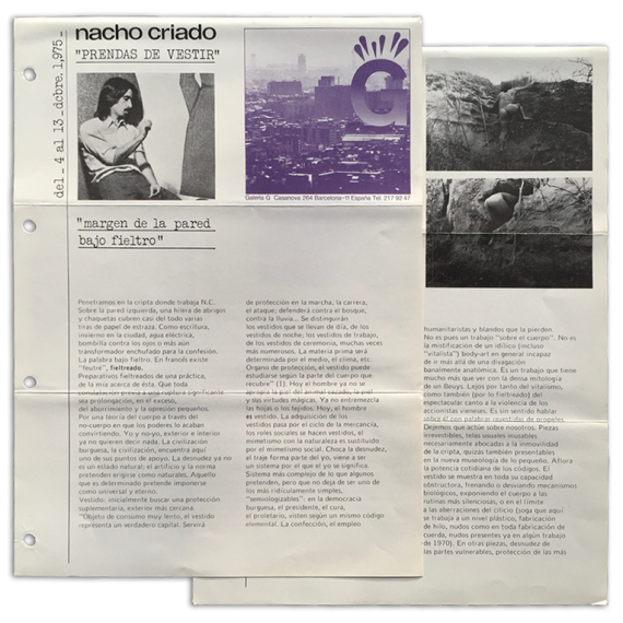 Nacho Criado - "Prendas de vestir". Galería G, Barcelona, del 4 al 13 de octubre 1975