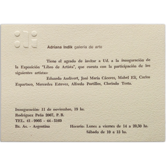 Libro de Artista. Adriana Indik galería de arte, Buenos Aires, 11 de noviembre