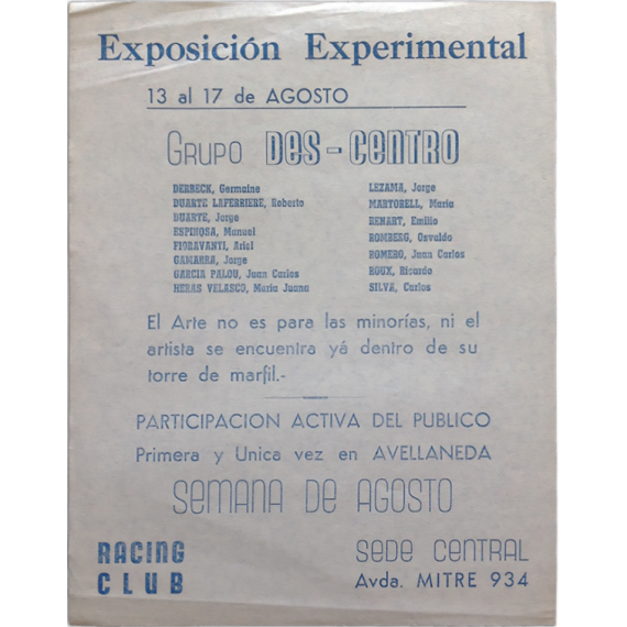 Exposición Experimental - Grupo  Des-Centro. [Buenos Aires], 13 al 17 de Agosto