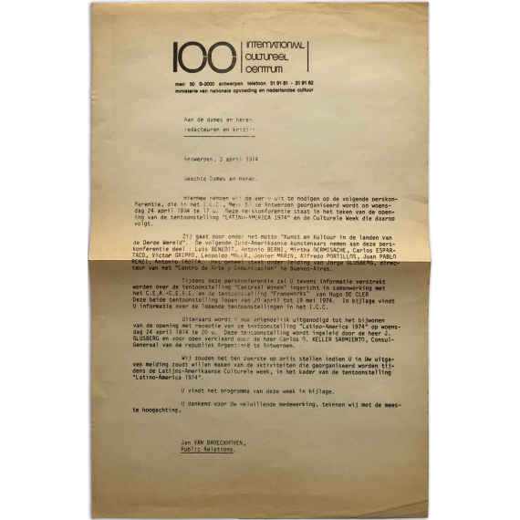 "Latino-América 1974". ICC Internationaal Cultureel Centrum, Antwerpen, 3 april 1974 - Jan Van Broeckhovenn