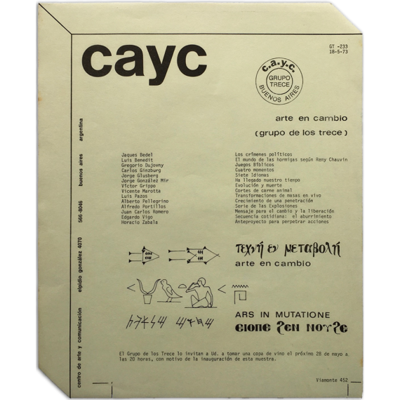 CAyC. Arte en cambio (Grupo de los Trece). Buenos Aires, 18-5-1973