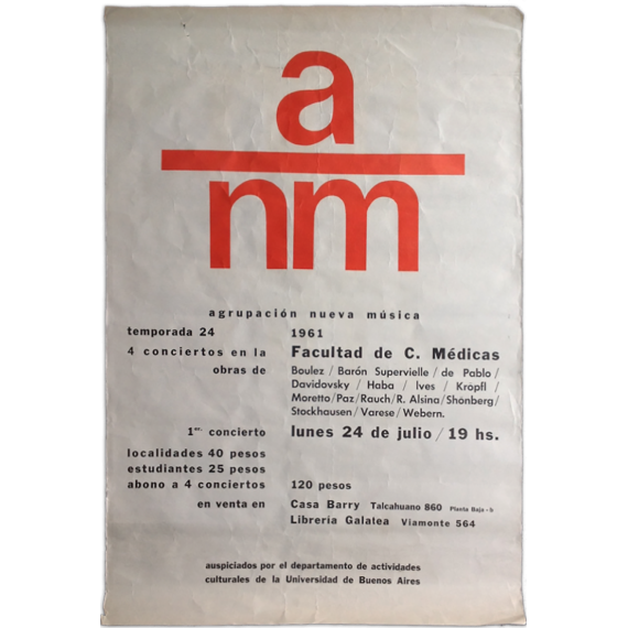 ANM Agrupación Nueva Música. Temporada 24, 1961. 4 conciertos en la Facultad de C. Médicas