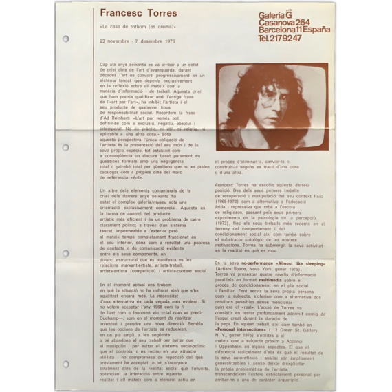 Francesc Torres - "La casa de tothom (es crema)". Llançà - Nova York. Galería G, Barcelona, 23 novembre - 7 desembre 1976