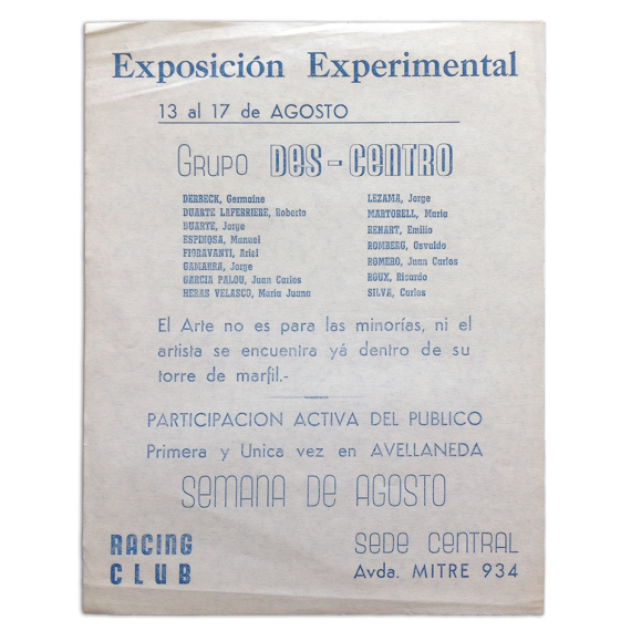 Exposición Experimental - Grupo  Des-Centro. [Buenos Aires], 13 al 17 de Agosto