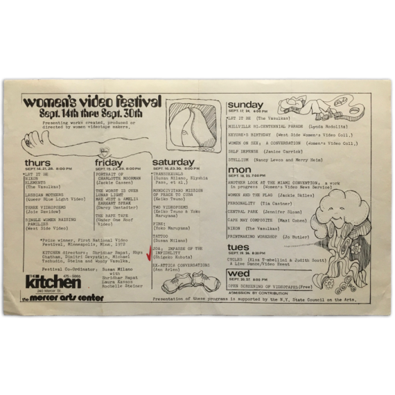 [First] Women's Video Festival. The Kitchen - Mercer Arts Center, New York, sept. 14th - sept. 30th, [1972]