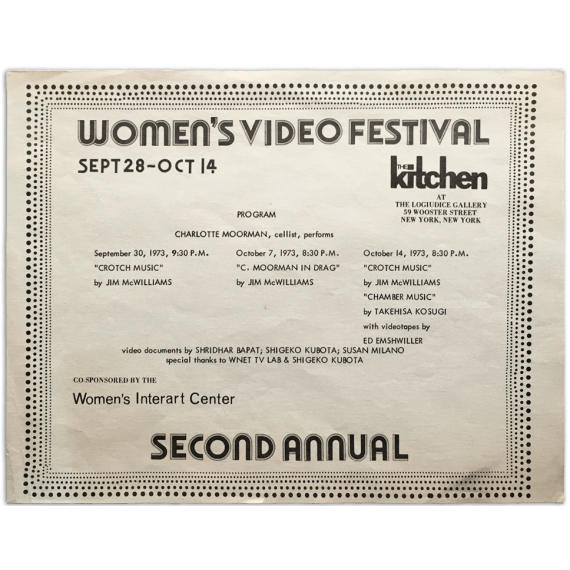 Women's Video Festival. Second Annual 1973. Logiudice Gallery, New York, sept. 28 - oct. 14 1973