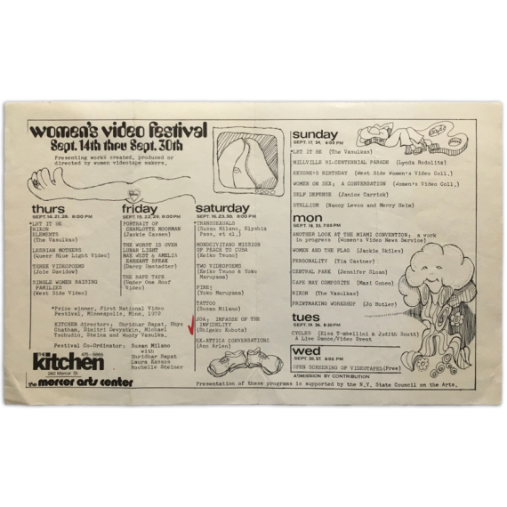 [First] Women's Video Festival. The Kitchen - Mercer Arts Center, New York, sept. 14th - sept. 30th, [1972]