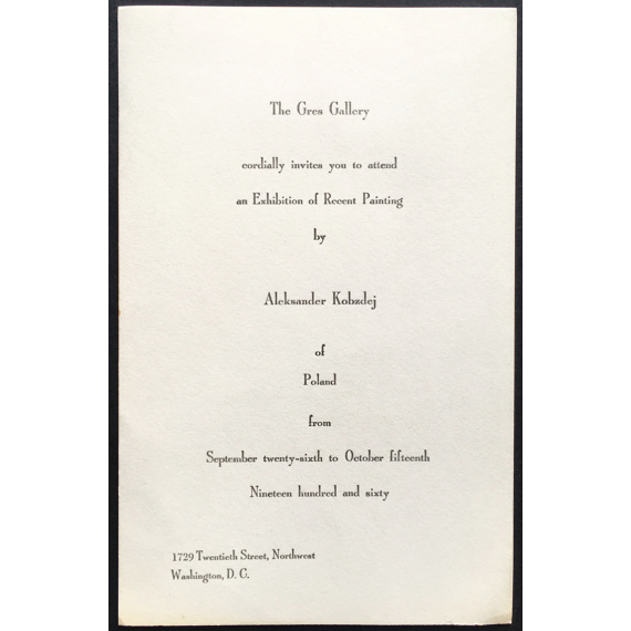 Exhibition of Recent Painting by Aleksander Kobzdej. Gres Gallery, Washington, September 26 to 15 October 1960