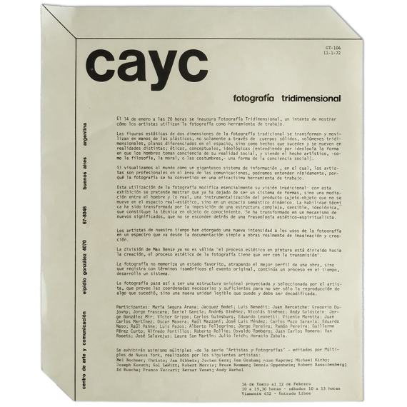 Fotografía Tridimensional. CAyC, Buenos Aires, 14 de Enero al 12 de Febrero de 1972