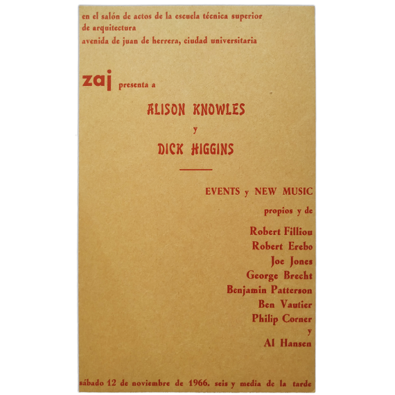 Zaj presenta a Alison Knowles y Dick Higgins. Escuela Técnica Superior de Arquitectura, [Madrid], 12 de noviembre de 1966