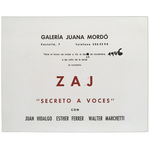 Concierto Zaj "Secreto a voces" con Juan Hidalgo, Esther Ferrer, Walter Marchetti. Galería Juana Mordó, 22 de noviembre 1976