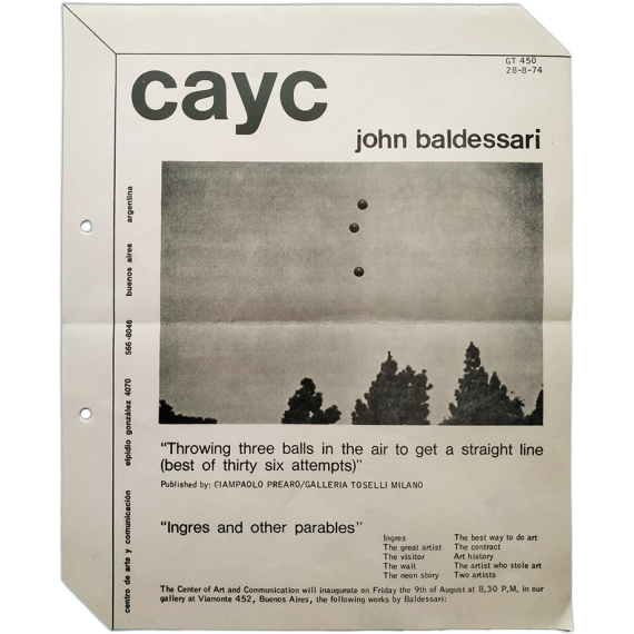 John Baldessari. CAyC Centro de Arte y Comunicación, Buenos Aires, Agosto 1974