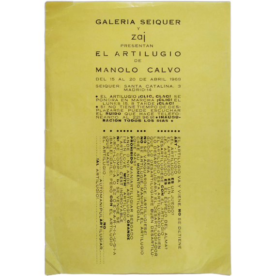 Galería Seiquer y Zaj presentan "El Artilugio" de Manolo Calvo. Madrid, del 15 al 20 de abril 1968