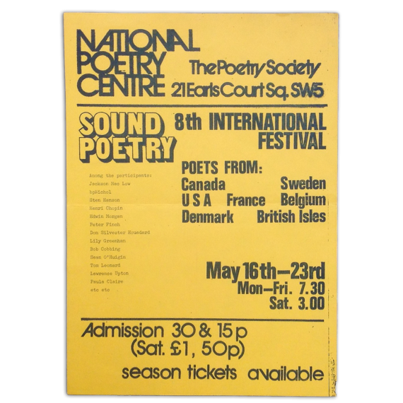 Sound Poetry. 8th International Festival. Poets from Canada, USA, France, Sweden, Denmark, Belgium, British Isles. May 16th-23rd