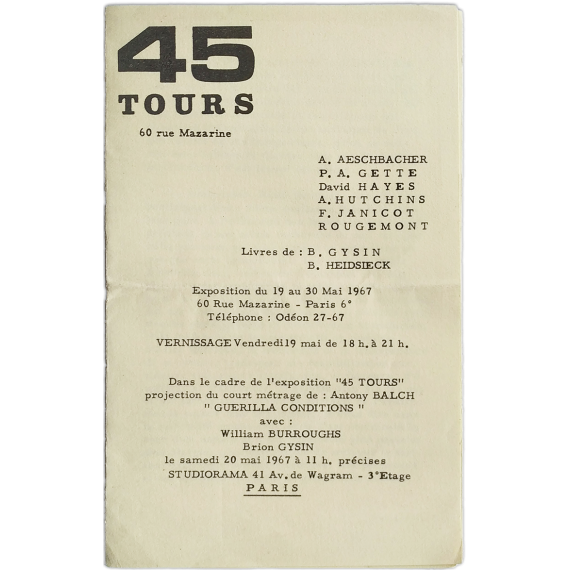 "45 TOURS": A. Aeschbacher, P. A. Gette, David Hayes, A. Hutchins, F. Janicot, Rougemont. Paris, Mai 1967