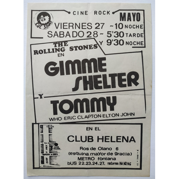 Cine Rock: The Rolling Stones en Gimme Shelter y Tommy. Who - Eric Clapton - Elton John. Club Helena, Barcelona, 1977